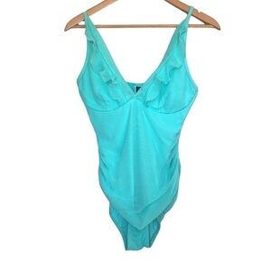 JETS by Jessica Allen turquoise ruffle cinched one piece swimsuit size 8